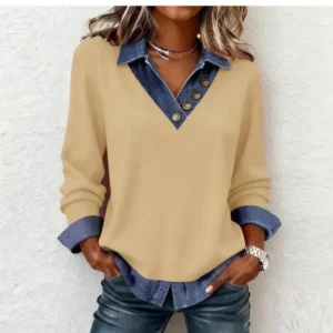 Women's Denim Patchwork Shirts Fashion Lapel Cowboy Trim Hem Blouses