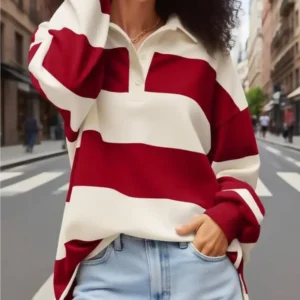 Women Striped Rugby Polo Shirt Long Sleeve Collared Oversized