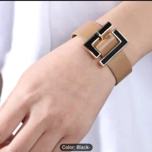Buckle Wide Leather Bracelet For Women Black Geometric Metal Bracelet Limited Edition