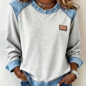 Denim-Trim Cozy Sweatshirt Cotton mix look pullover jersey