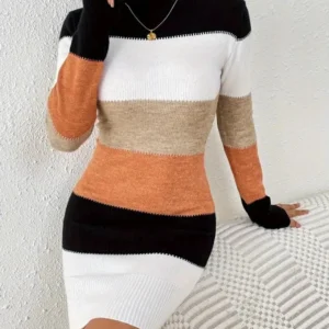 Women's Sweater Dress Casual Soft Striped Ribbed Crew Neck Knitted Long Sleeve