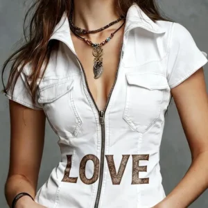 Womens "Love" Contrast Stitch Button Up Denim finish jacket zipper body hugging