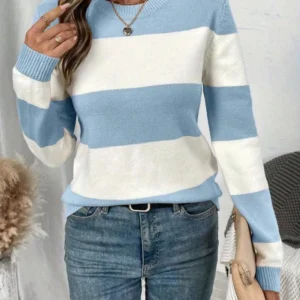 Women's Elegant Color-Block Long Sleeve Casual Versatile Sweater Pullover Viscose