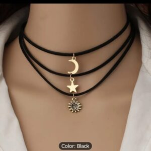 Women's Bohemian 3-Layered Choker Set - Gold Sun, Moon, and Star Celestial Pendants