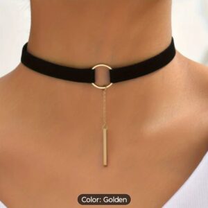 Retro Velvet Ribbon Choker - Gold Tassel Bar Pendant Necklace - Punk Style Jewelry