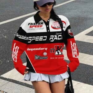 Vintage Style Speed Racing Graphic Jersey, Streetwear Long Sleeve Polo