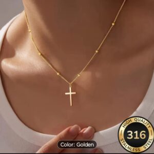 Women's Gold-Plated Cross Pendant Necklace, Tarnish-Free Religious Fashion Jewelry