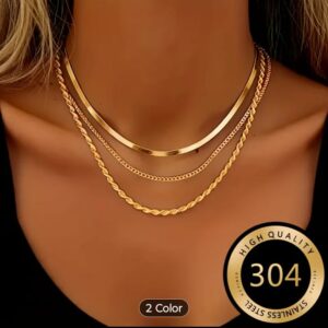 Elegant 3-Piece Gold Chain Stack, Tarnish-Free Herringbone & Twisted Rope Necklace