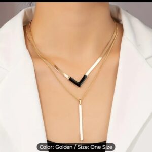 Women's Gold Plated 316L Stainless Steel Double-Layered V-Shape & Bar Pendant Necklace