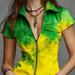 Zip up Hoodie, Gradient Tie Dye Front Denim finish zipper jacket slim fit