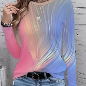 Womens Casual Elegant V Neck Gradient Rainbow Pattern Long Tshirt